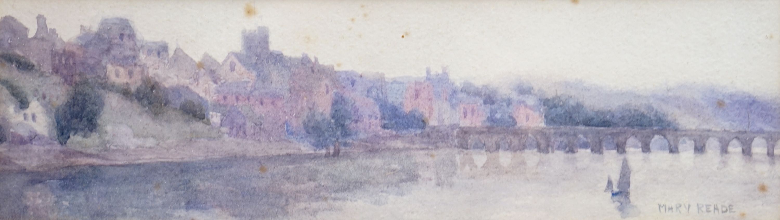 Mary Reade (Exh. 1882-1933), watercolour, View of a riverside town, signed, 7 x 25cm